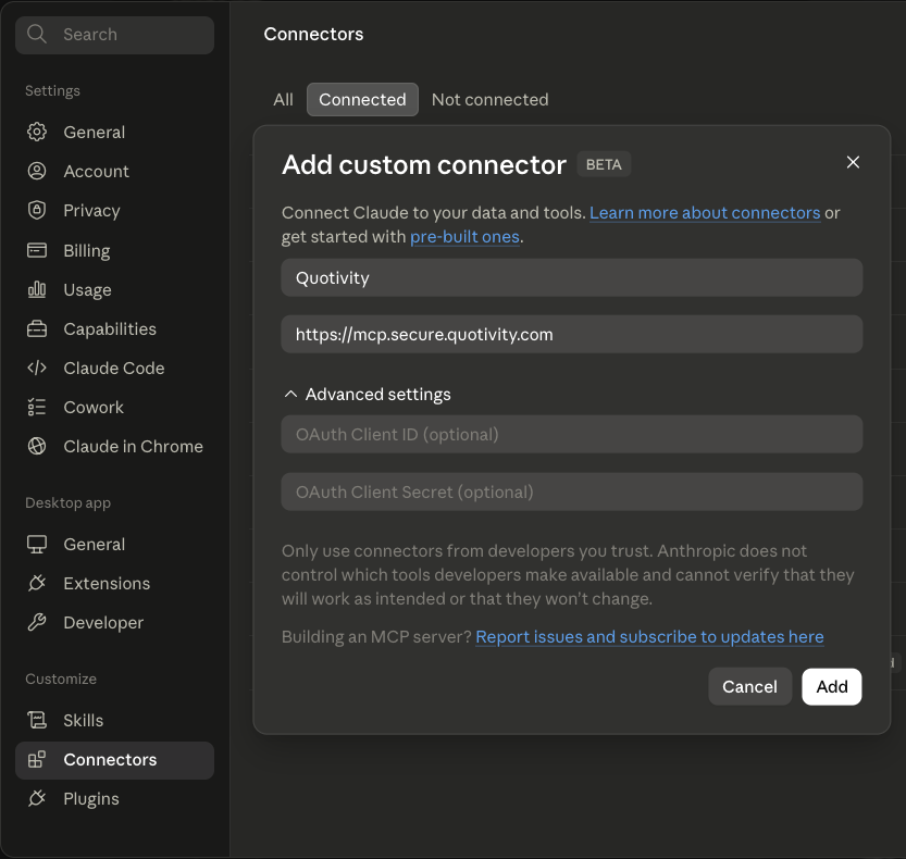 Adding Quotivity as a custom connector in Claude Desktop’s Connectors settings