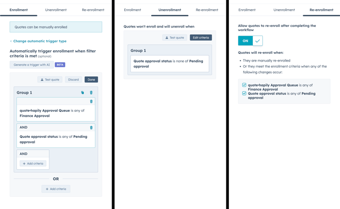 quote•hapily approval workflow enrollment triggers