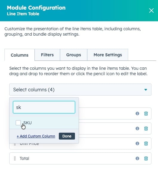 Line item columns add SKU