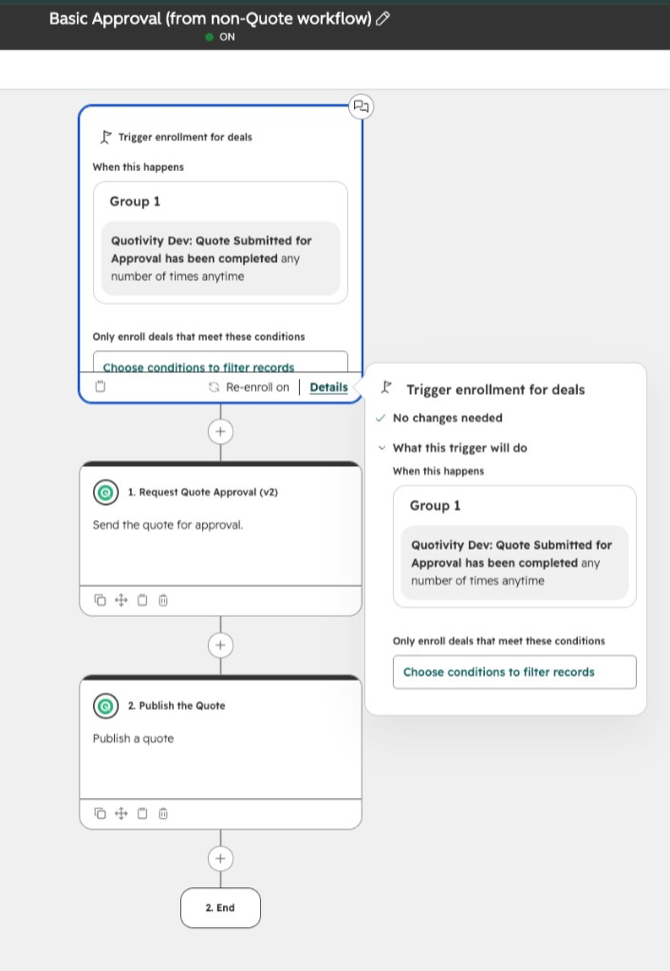 Deal workflow with Quote Submitted for Approval enrollment, then Request Quote Approval v2, then Publish the Quote