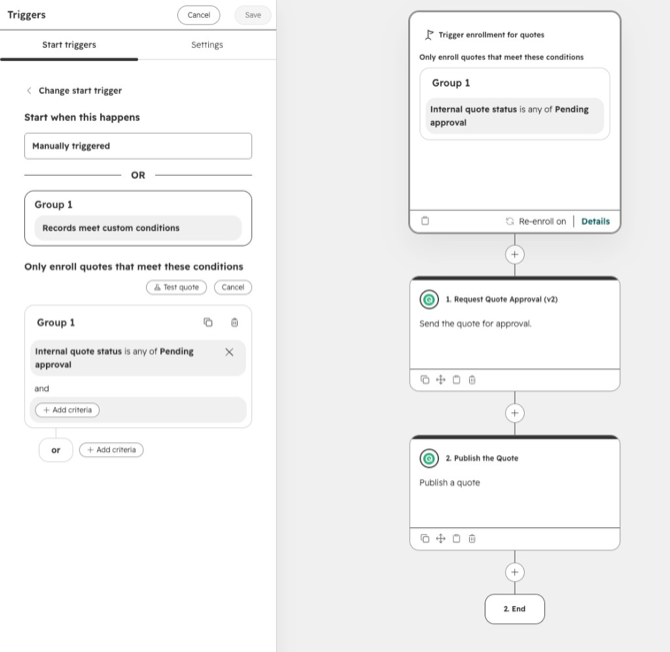 Quote workflow trigger enrolling quotes when Internal quote status is any of Pending approval, then Request Quote Approval v2 and Publish the Quote