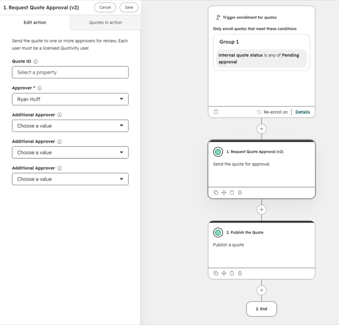 Request Quote Approval v2 on a quote workflow with Quote ID left as Select a property and an approver chosen