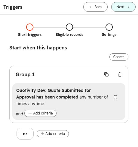 Start when this happens showing the Quote Submitted for Approval app event in Group 1