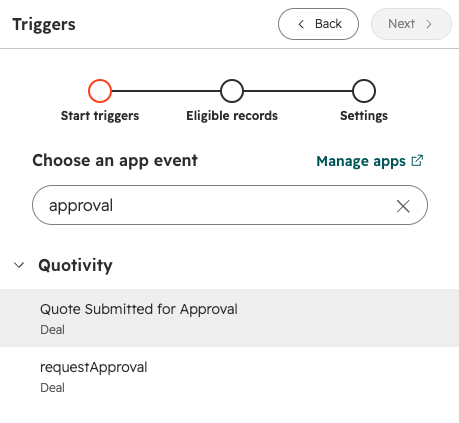 Choose an app event list under Quotivity with Quote Submitted for Approval selected