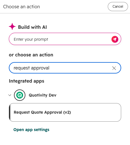 Choose an action panel searching request approval under Integrated apps, with Request Quote Approval v2 listed