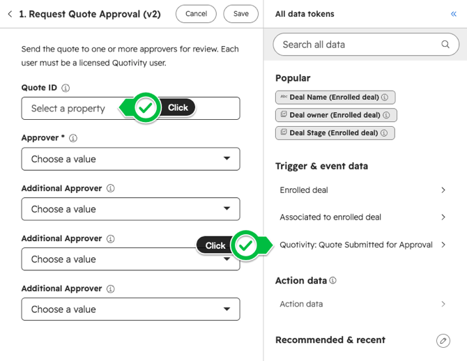 Request Quote Approval v2 with Quote ID selected and Trigger and event data showing Quotivity Quote Submitted for Approval