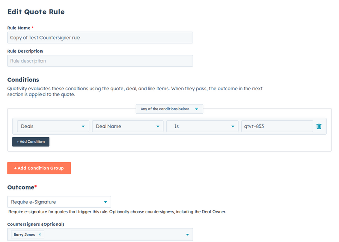 the Quote Rule outcome panel with the require e-signature option and countersigner selection
