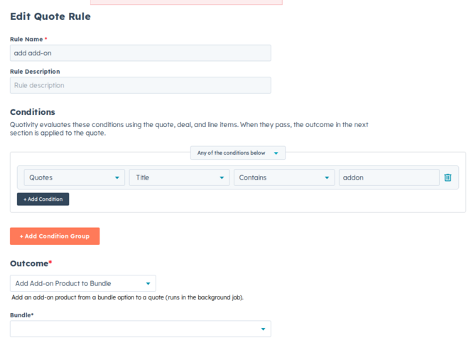 the Quote Rule outcome editor with a bundle and its option product selected for an add-on or swap