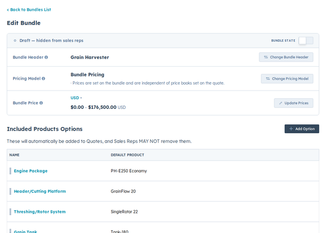 the bundle editor showing option products and their prices