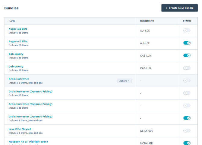 the Bundles list with the create button highlighted