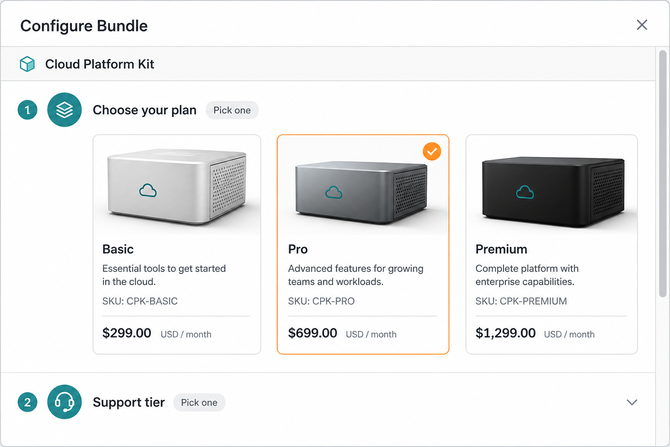 the Configure Bundle panel with option icons and visual product cards