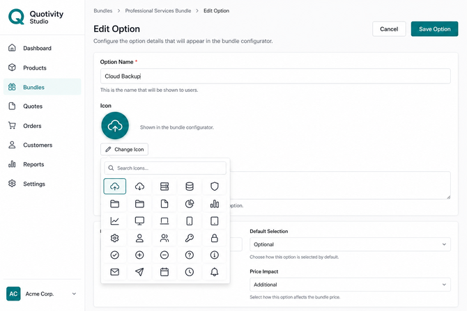 the bundle option editor with the Icon picker for the Bundle Configurator