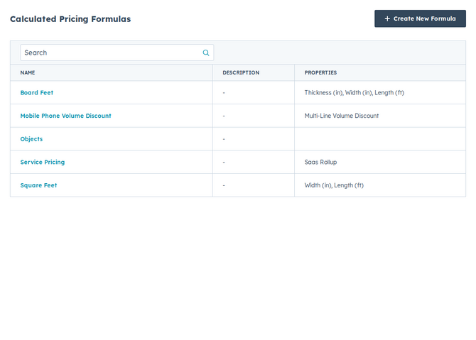 the Calculated Pricing list with the Create Formula button highlighted