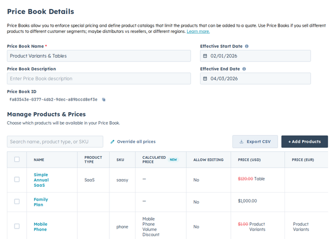 a price book entry with the Override By selector and price field annotated