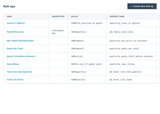 the Roll-ups list with the create button highlighted