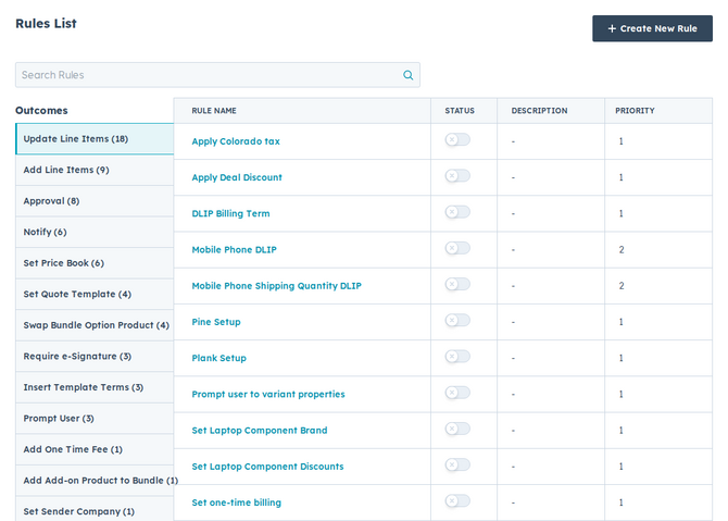the Quote Rules list grouped by outcome, with the status toggle and priority column visible