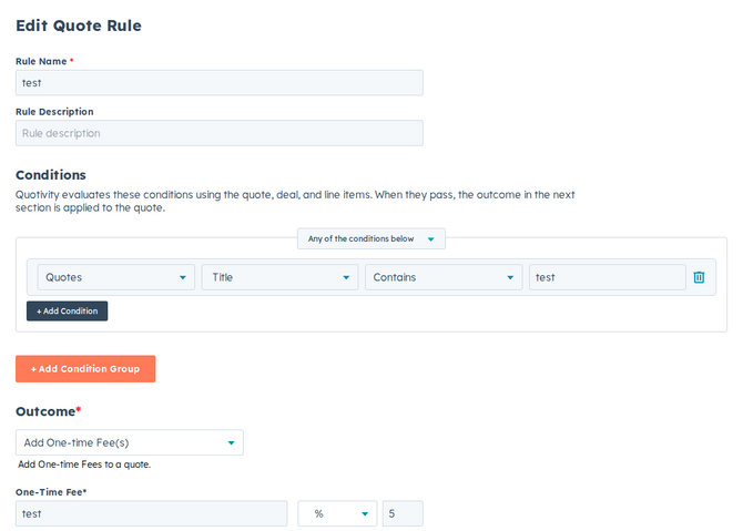 the rule editor with the Add One-time Discount outcome selected, showing the label, type, and value fields