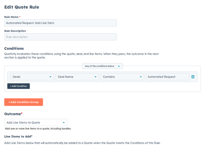 the rule editor with the Add Line Items outcome selected, showing a product and quantity chosen