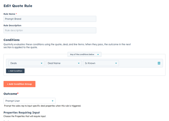 the rule editor with the Prompt User outcome selected, showing requested properties and a file upload entry