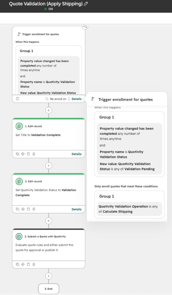 Quote Validation Apply Shipping workflow: enroll when Validation Status changes to Validation Pending and Validation Operation is Calculate Shipping, then validation work, set Validation Complete, then Submit Quote