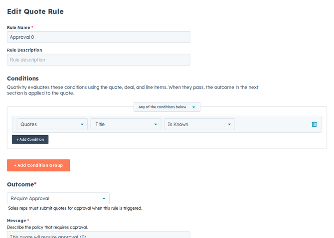 the rule editor with the Require Approval outcome selected and its options expanded