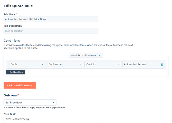 the rule editor with the Set Price Book outcome selected and a price book chosen