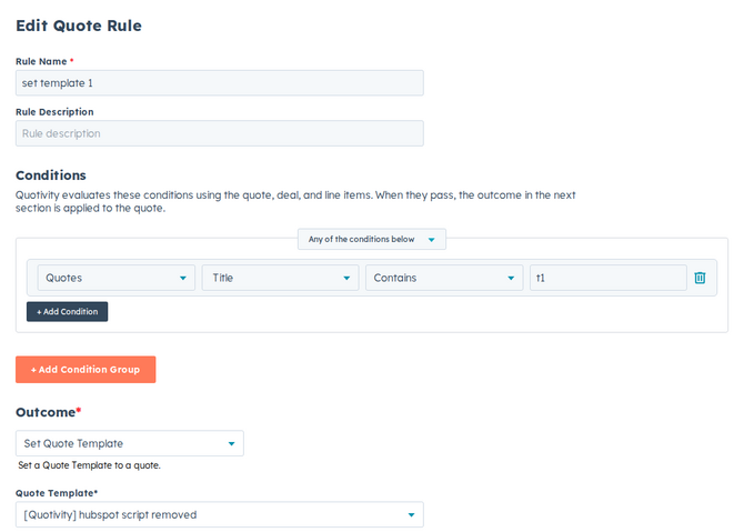 the rule editor with the Set Quote Template outcome selected and a template chosen