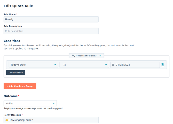 the rule editor with the Notify outcome selected and a message entered