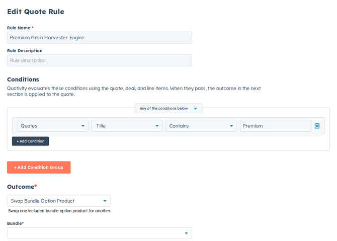 the rule editor with the swap outcome selected, showing the bundle, option, and alternate product