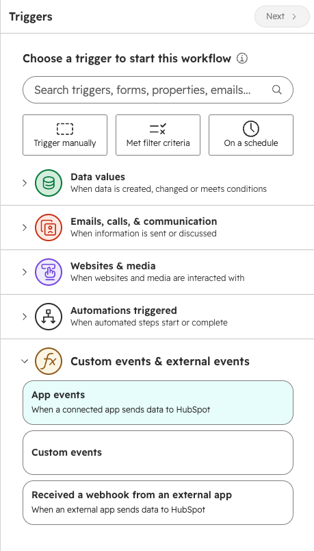 HubSpot trigger panel with Custom events and external events expanded and App events selected