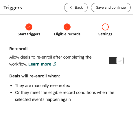 Workflow Settings with Re-enroll turned on for deals