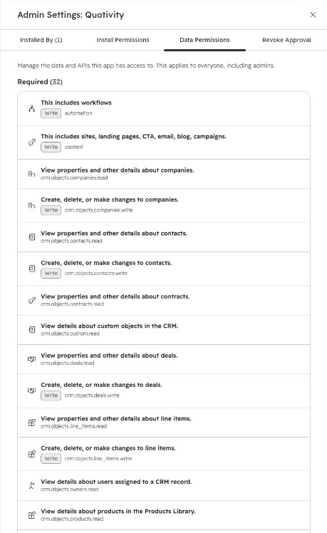 Quotivity admin settings open to the Data Permissions tab