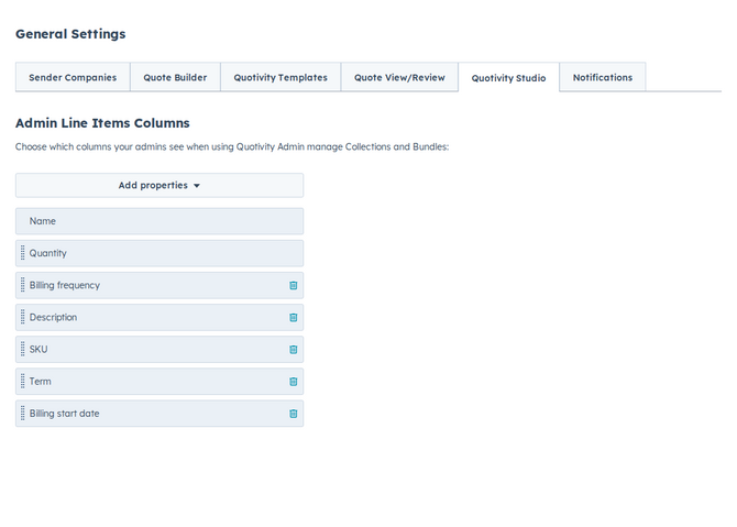 the Line Items Columns editor with the property list and the selected columns