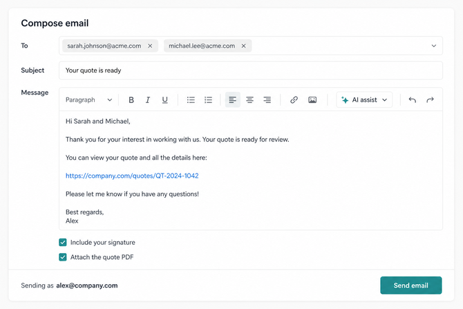 the quote email composer with recipients, subject, message, and Send email
