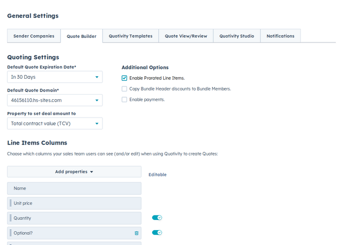 the Settings → Quote Builder tab with the Quoting Settings section visible