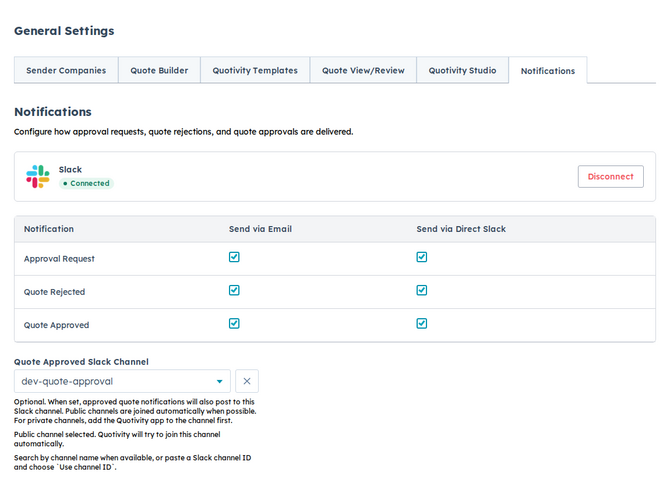 the Notifications table with the email and Slack checkboxes, plus the Slack connection card above it
