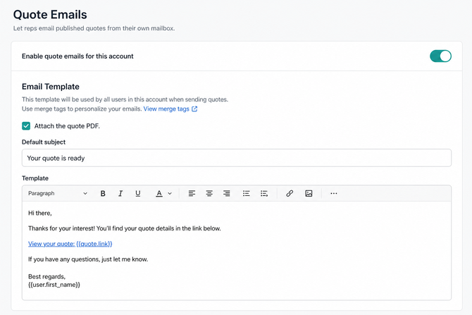 the Quote Emails settings page with the enable toggle and Email Template section