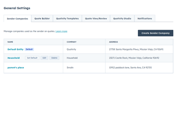 the Sender Companies list with the Create Sender Company button and the Default badge