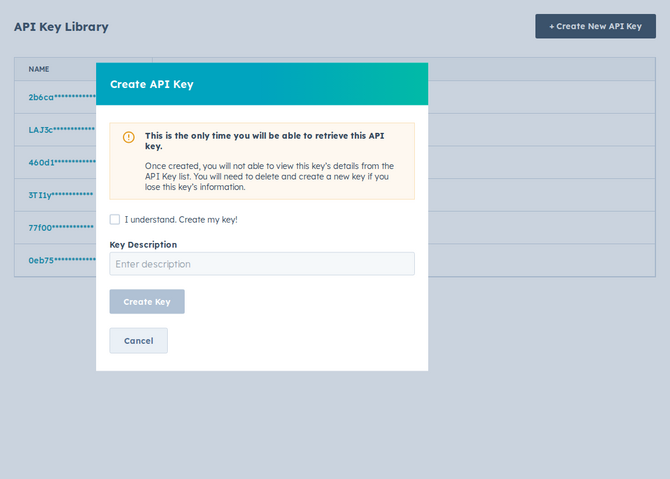 the Create API Key dialog with the one-time-retrieval warning, acknowledgement checkbox, and description field