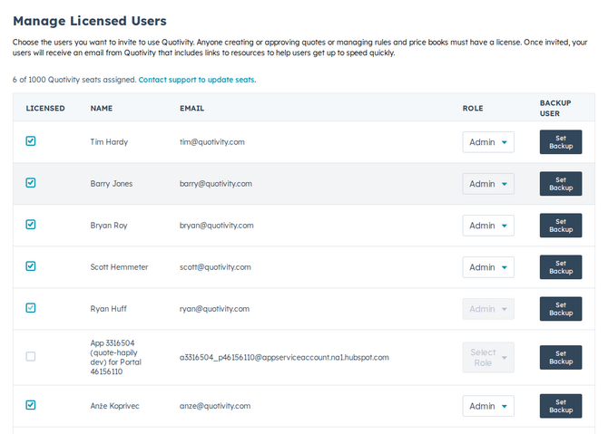 the Manage Licensed Users table with the Licensed checkbox, Role dropdown, and the seats-assigned line