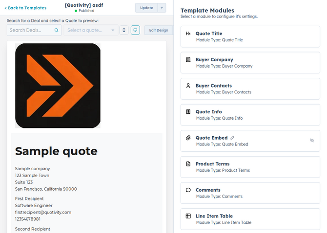 the template editor with the preview on the left and the detected modules panel on the right