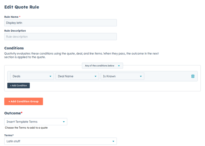 the Quote Rule outcome editor with Insert Template Terms selected and a terms document chosen